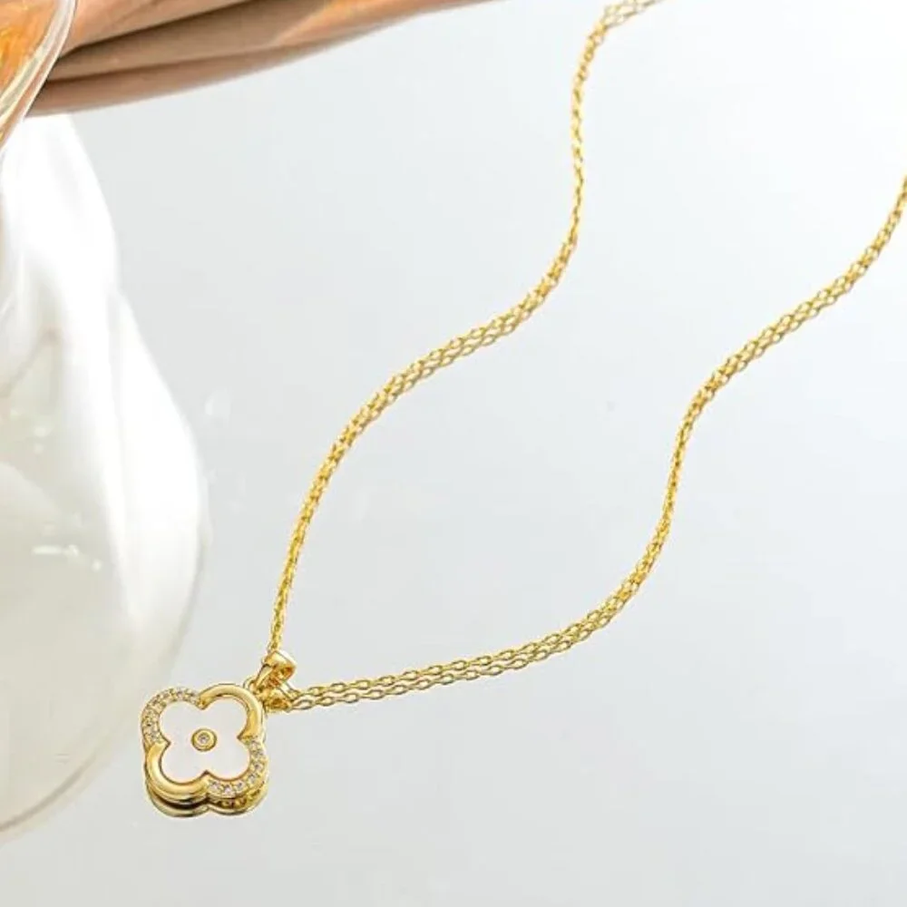 Women's Gold Plated Clover Shaped Dainty CZ Rhinestone Pendant Necklace - Picture 4 of 5